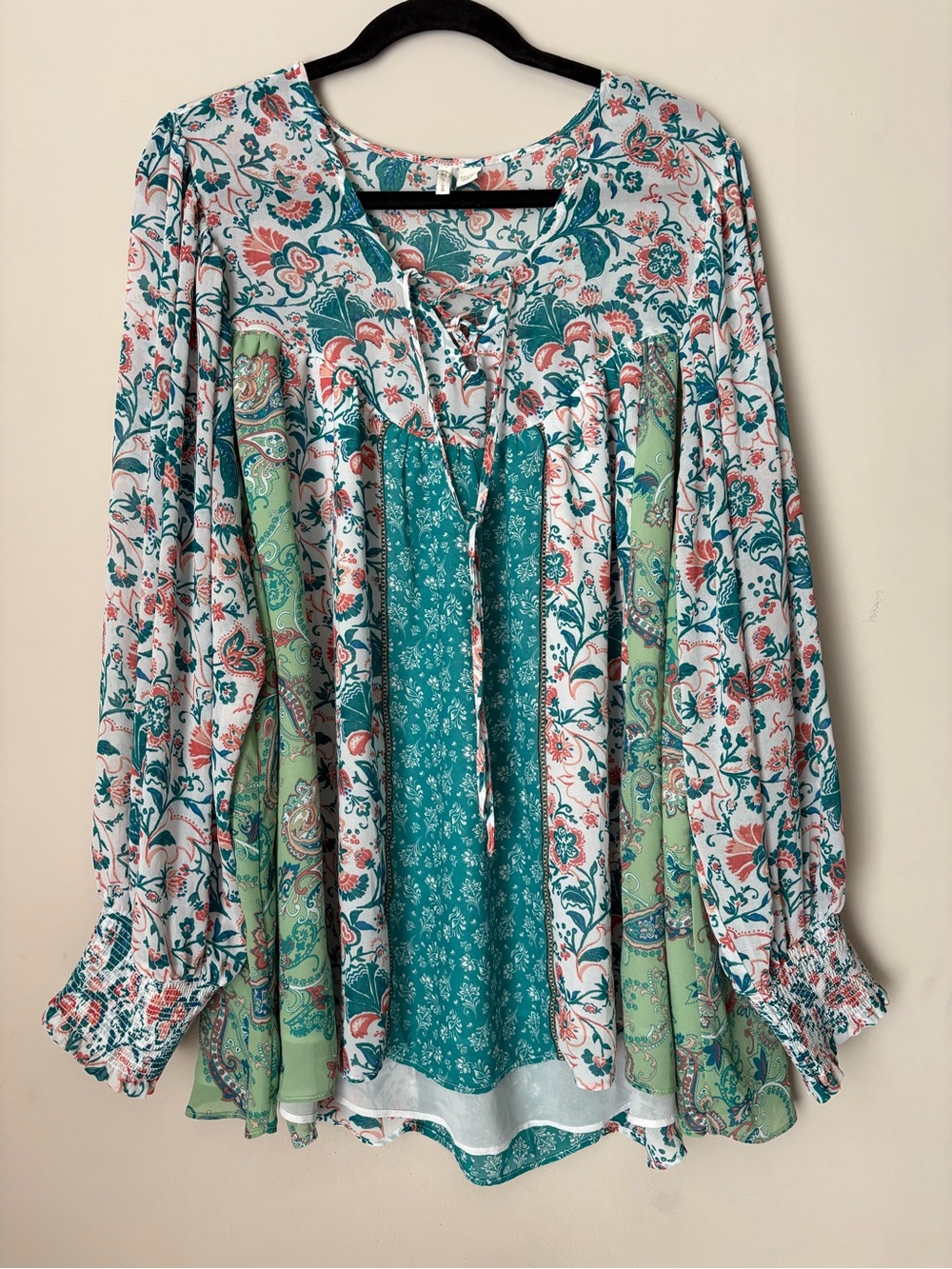 Cato Floral Patchwork Tunic - Teal, Green & Coral. Vintage Inspired; Flowy